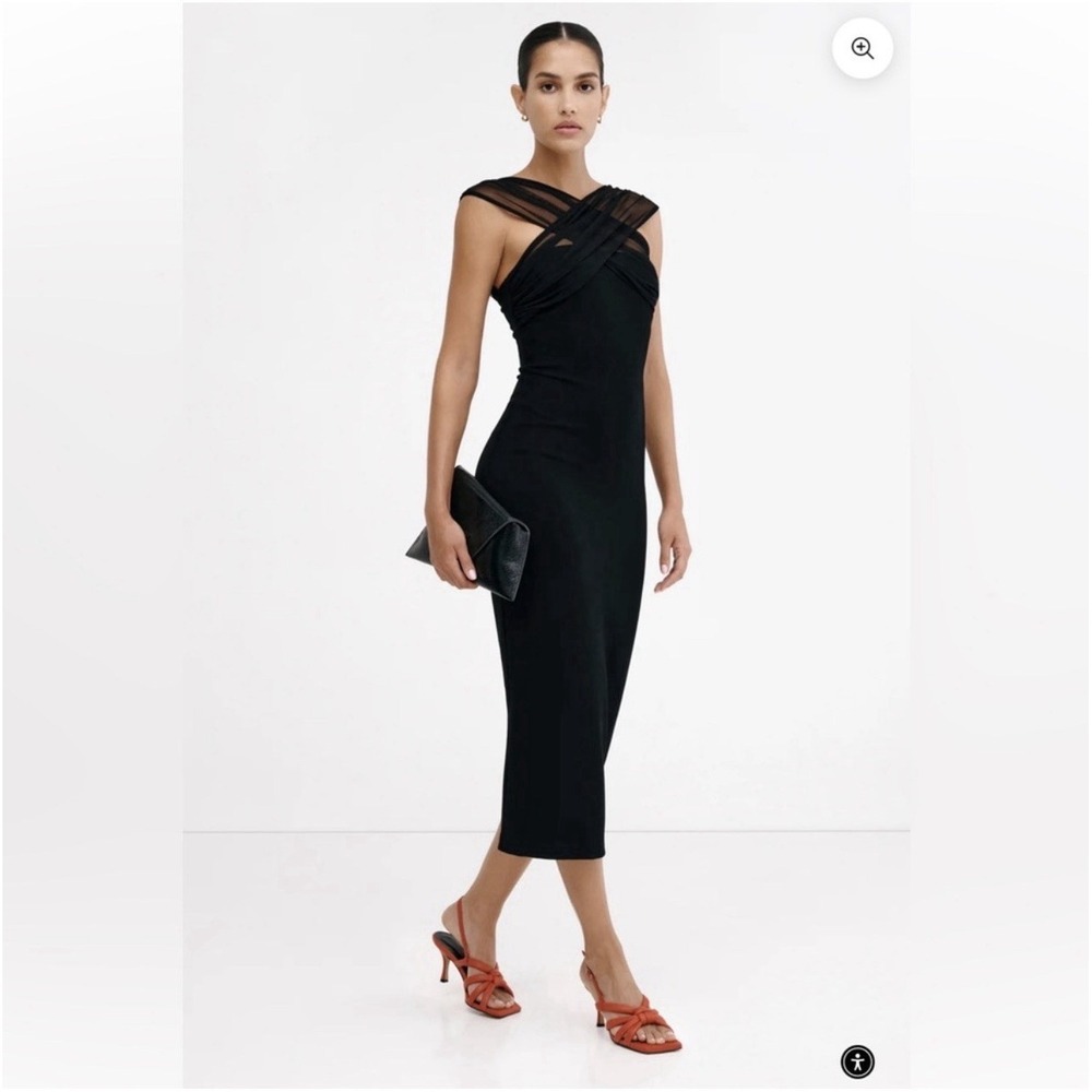 Black Midi Dress with Crisscross Mesh Neckline